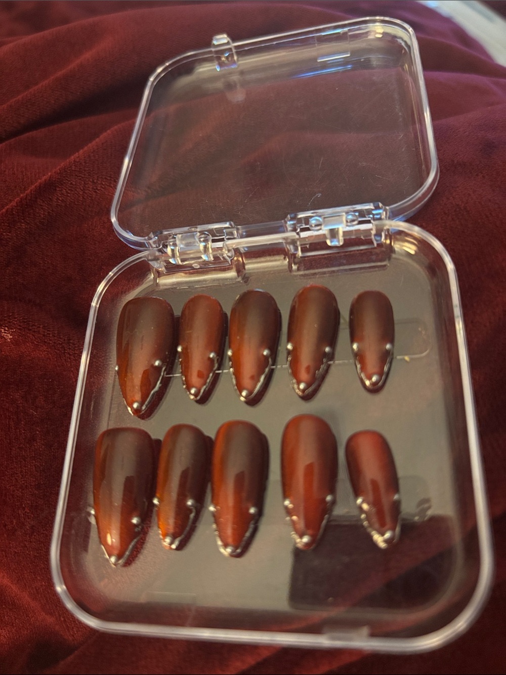 Brown Press-On Nail Set with Rhinestone Accents - Brand